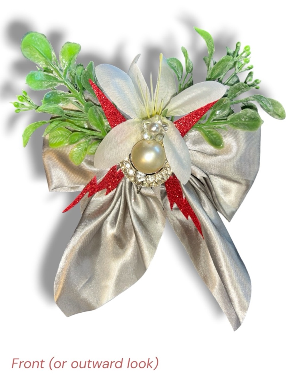 UpCycled Statement Hair Bow Barrette Red Silver Pearl Rhinestone Floral Glam Fun - Picture 10 of 10